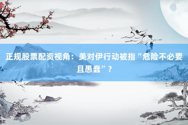 正规股票配资视角：美对伊行动被指“危险不必要且愚蠢”？